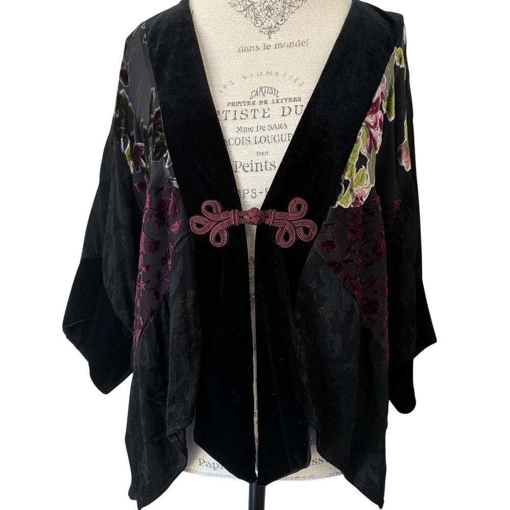 Spencer Alexis Vintage Kimono Burnout Velvet Mixed Media Floral Tunic Top Size M